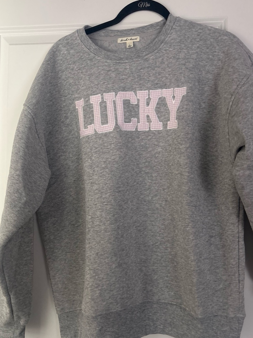 Lucky Crewneck Sweatshirt - Gray with Pink Lettering